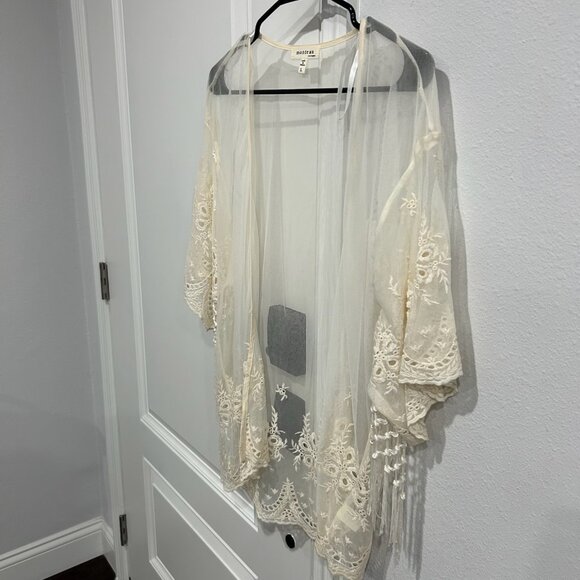 Monteau Los Angeles Lightweight Sheer Lace Embroidered Kimono Cardigan Size L Bo - Picture 3 of 9